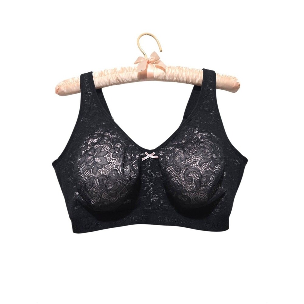 Cacique Black Lace Wireless Support Bra with Pink Accent Full Coverage 40DDD